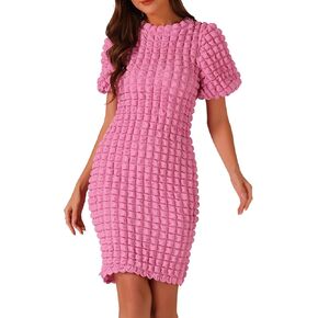 Allegra K Summer Popcorn Dress for Women Puff Sleeve Cute Elegant Party Midi Dress