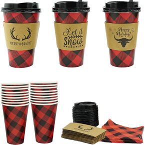 4E's Novelty Christmas Paper Cups Disposable 16 oz With Lids, Cup Sleeves, & Napkins (12 Packs) for Christmas Hot Cocoa Party Supplies, Hot Chocolate Bar