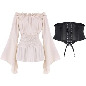 Women Renaissance Blouse Top Corset Waist Belt, Pirate Corset Shirt, Medieval Costume Off Shoulder Peasant Shirt