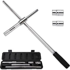 yarlung 25" Extended Lug Wrench, 4 Way Wheel Nut Wrench Set with Storage Box, Tire Iron Lug Wrench Lug Nut Remover for Cross Wrench, Labor Saving, 17mm/19mm and 21mm/23mm Standard Sockets