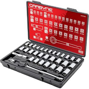 CARBYNE 1/4" & 3/8" Drive Socket & Ratchet Set - 34 Piece | SAE & Metric. Includes Metric 6 to 18mm, SAE 5/32" to 3/4". 6 & 12 Point. Cr-V Steel • From a Family-Run Tool Company Based in the U.S.A.