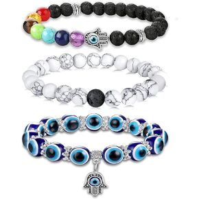 PANSHI Evil Eye Bracelets for Women Teens Chakra Crystal Beaded Bracelet Set Hamsa Amulet Protection Jewelry