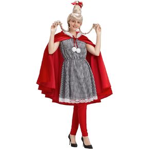 Who Lou Costume Adult Women Christmas Dress Cute Plaid Costumes Mrs Santa Xmas Cosplay Halloween Outfit Party Suit