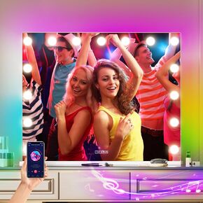 COOLJEEN Vanity Mirror with Lights and Bluetooth, 23x18 Inch 15 Bulbs Front and RGB Backlit Makeup Mirror with Dimmable 3 Color, Tempered Glass, Detachable 10X Magnification, Tabletop & Wall-Mounted