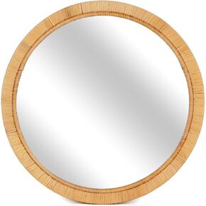 Boho Rattan Wall Mirror Rattan Framed Round Mirror Decorative Farmhouse Hanging Mirror for Bathroom Vanity Entryway Living Room Home Wall Decor - 20.08" x 1.19" x 20.08"