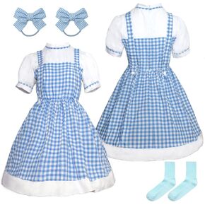 Women Costumes Bookstory Character Blue Plaid Skirt Socks Hair Bows Princess Gingham Dress Halloween Party Outfits