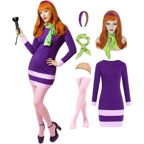 Daphne Costume Women Long Sleeve Purple Mini Dress Adult Halloween Costumes with Accessories Wig Scarf Handband