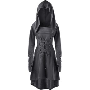 FEOYA Women's Hooded Cloak Dress Renaissance Medieval Gothic Dress Long Sleeve Hoodie Dresses Steampunk Cosplay Costume
