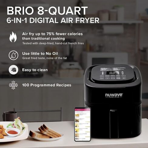 مقلاة هوائية Nuwave Brio 10 في 1، سعة مقلاة هوائية 6 QT مع مسبار ذكي، خبز شواء مشوي للوجبات السريعة، أدوات تحكم رقمية بلمسة واحدة، مقلاة قوية 1800 واط، 100 وصفة، مقسم قابل للإزالة وطاسة شواء in Kuwait
