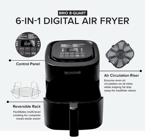 مقلاة هوائية Nuwave Brio 10 في 1، سعة مقلاة هوائية 6 QT مع مسبار ذكي، خبز شواء مشوي للوجبات السريعة، أدوات تحكم رقمية بلمسة واحدة، مقلاة قوية 1800 واط، 100 وصفة، مقسم قابل للإزالة وطاسة شواء in Kuwait