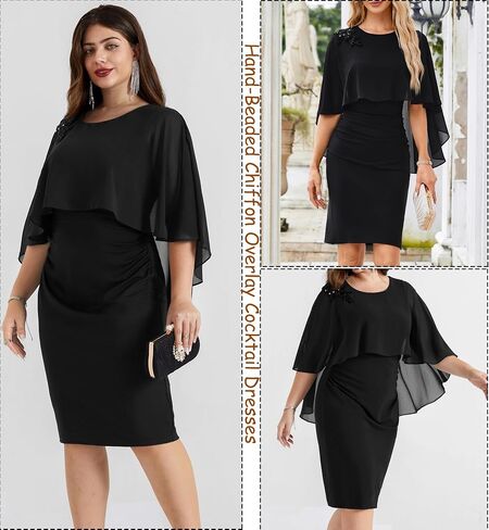 Hanna Nikole Women Chiffon Cape Wedding Guest Dress Crew Neck Elegant Hand-Beaded Cocktail Bodycon Dresses for Party in Saudi Arabia