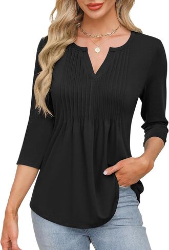 LUYAA 3/4 Length Sleeve Womens Tops V Neck Tunic Tops Dressy Casual Pleated Shirts Fashion Tops for Women Trendy in Kuwait