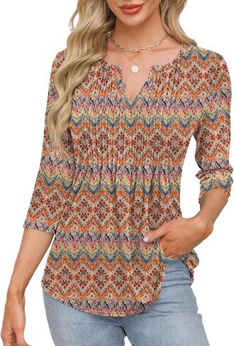 LUYAA 3/4 Length Sleeve Womens Tops V Neck Tunic Tops Dressy Casual Pleated Shirts Fashion Tops for Women Trendy in Kuwait