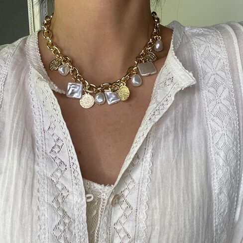 Baroque Pearl Necklace for Women Square Ellipse Pearl Pendant Necklace Coin Pendant Necklace Pearl Chunky Necklace Irregular Pearl Necklace Dainty Pearl Jewelry for Women in Kuwait