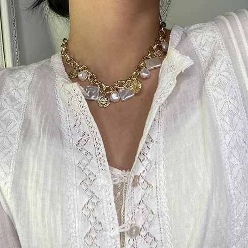 Baroque Pearl Necklace for Women Square Ellipse Pearl Pendant Necklace Coin Pendant Necklace Pearl Chunky Necklace Irregular Pearl Necklace Dainty Pearl Jewelry for Women in Kuwait