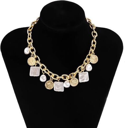 Baroque Pearl Necklace for Women Square Ellipse Pearl Pendant Necklace Coin Pendant Necklace Pearl Chunky Necklace Irregular Pearl Necklace Dainty Pearl Jewelry for Women in Kuwait