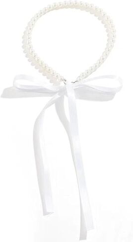 Pearl Choker with Ribbon Bow Necklace for Women Bowknot Pearl Necklace Ribbon Long Necklace Trendy Jewelry for Women in Kuwait