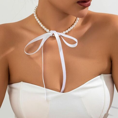 Pearl Choker with Ribbon Bow Necklace for Women Bowknot Pearl Necklace Ribbon Long Necklace Trendy Jewelry for Women in Kuwait