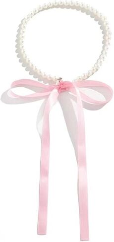 Pearl Choker with Ribbon Bow Necklace for Women Bowknot Pearl Necklace Ribbon Long Necklace Trendy Jewelry for Women in Kuwait