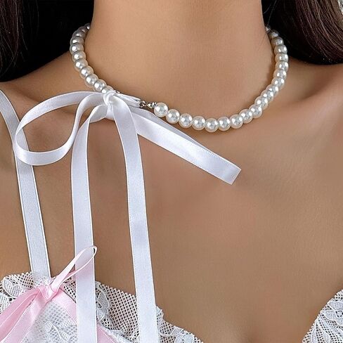 Pearl Choker with Ribbon Bow Necklace for Women Bowknot Pearl Necklace Ribbon Long Necklace Trendy Jewelry for Women in Kuwait
