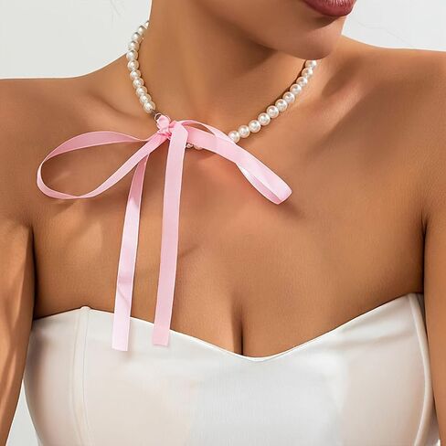 Pearl Choker with Ribbon Bow Necklace for Women Bowknot Pearl Necklace Ribbon Long Necklace Trendy Jewelry for Women in Kuwait