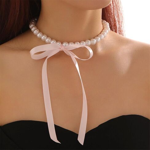 Pearl Choker with Ribbon Bow Necklace for Women Bowknot Pearl Necklace Ribbon Long Necklace Trendy Jewelry for Women in Kuwait