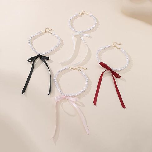 Pearl Choker with Ribbon Bow Necklace for Women Bowknot Pearl Necklace Ribbon Long Necklace Trendy Jewelry for Women in Kuwait