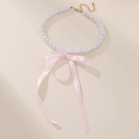 Pearl Choker with Ribbon Bow Necklace for Women Bowknot Pearl Necklace Ribbon Long Necklace Trendy Jewelry for Women in Kuwait