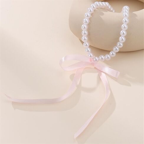 Pearl Choker with Ribbon Bow Necklace for Women Bowknot Pearl Necklace Ribbon Long Necklace Trendy Jewelry for Women in Kuwait