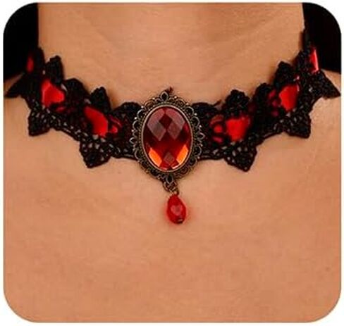 Jumwrit Black Lace Choker Necklace Halloween Vampire Necklace Rhinestone Pendant Necklace Retro Necklace for Women Girls Cosplay Necklace in Kuwait