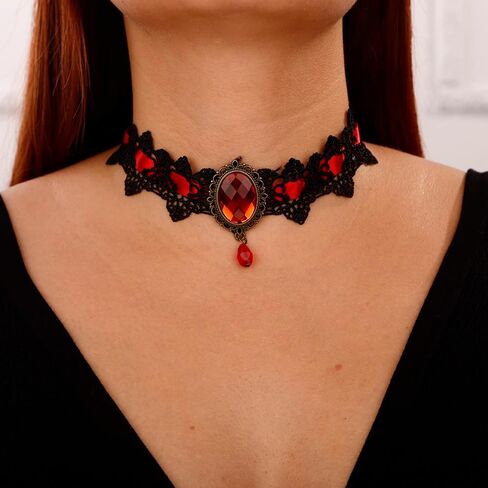 Jumwrit Black Lace Choker Necklace Halloween Vampire Necklace Rhinestone Pendant Necklace Retro Necklace for Women Girls Cosplay Necklace in Kuwait