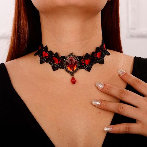 Jumwrit Black Lace Choker Necklace Halloween Vampire Necklace Rhinestone Pendant Necklace Retro Necklace for Women Girls Cosplay Necklace in Kuwait