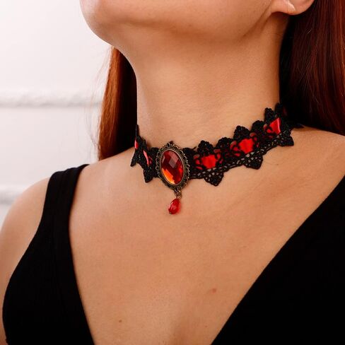 Jumwrit Black Lace Choker Necklace Halloween Vampire Necklace Rhinestone Pendant Necklace Retro Necklace for Women Girls Cosplay Necklace in Kuwait