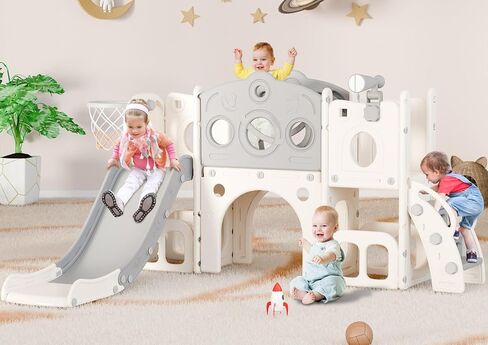 Toddler Slide Set, 8 in 1 Kids Slide with Climber, Indoor Outdoor Slide for Toddlers Age 1-3, Toddler Playset with Basketball Hoop and Tunnel, Toddler Indoor Outdoor Playground (White&Gray) in Saudi Arabia