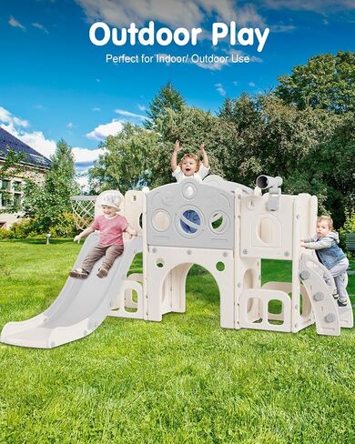 Toddler Slide Set, 8 in 1 Kids Slide with Climber, Indoor Outdoor Slide for Toddlers Age 1-3, Toddler Playset with Basketball Hoop and Tunnel, Toddler Indoor Outdoor Playground (White&Gray) in Saudi Arabia