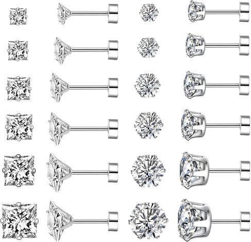 Silver Flat Back Stud Earrings for Women Hypoallergenic Round Square Cubic Zirconia Surgical Stainless Steel Earrings Set for Multiple Piercing 12 Pairs in Kuwait