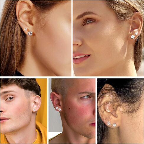 Silver Flat Back Stud Earrings for Women Hypoallergenic Round Square Cubic Zirconia Surgical Stainless Steel Earrings Set for Multiple Piercing 12 Pairs in Kuwait