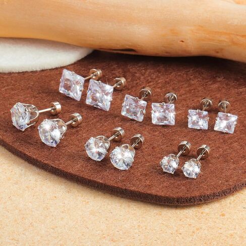 Silver Flat Back Stud Earrings for Women Hypoallergenic Round Square Cubic Zirconia Surgical Stainless Steel Earrings Set for Multiple Piercing 12 Pairs in Kuwait