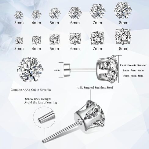 Silver Flat Back Stud Earrings for Women Hypoallergenic Round Square Cubic Zirconia Surgical Stainless Steel Earrings Set for Multiple Piercing 12 Pairs in Kuwait
