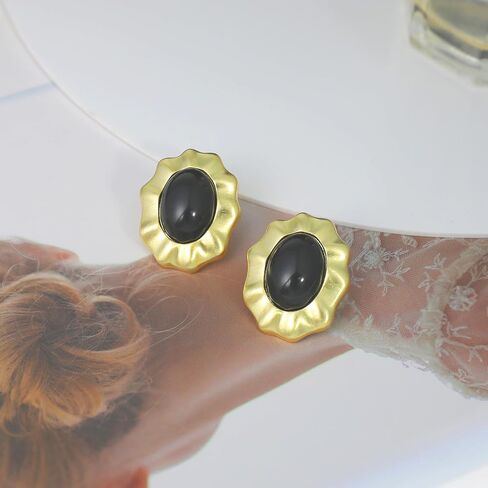 Gold Chunky Earrings for Women Vintage Earrings - Black and Gold Earrings Stone - Gold Stud Earrings Onyx - Dainty Earrings Hypoallergenic Jewelry in Saudi Arabia