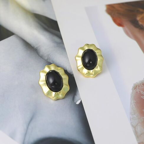 Gold Chunky Earrings for Women Vintage Earrings - Black and Gold Earrings Stone - Gold Stud Earrings Onyx - Dainty Earrings Hypoallergenic Jewelry in Saudi Arabia