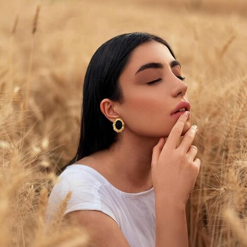 Gold Chunky Earrings for Women Vintage Earrings - Black and Gold Earrings Stone - Gold Stud Earrings Onyx - Dainty Earrings Hypoallergenic Jewelry in Saudi Arabia