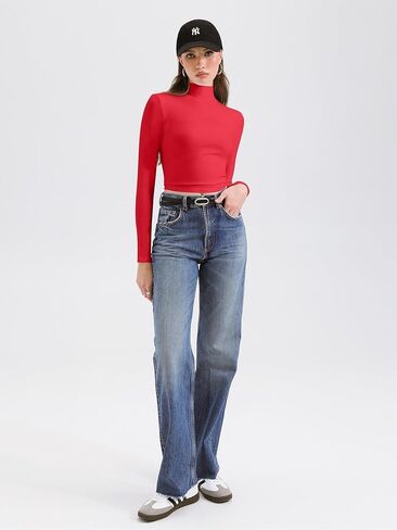 REORIA Women's Cute Mock Turtleneck Long Sleeve Ribbed Tight Tshirts Crop Tops in Kuwait