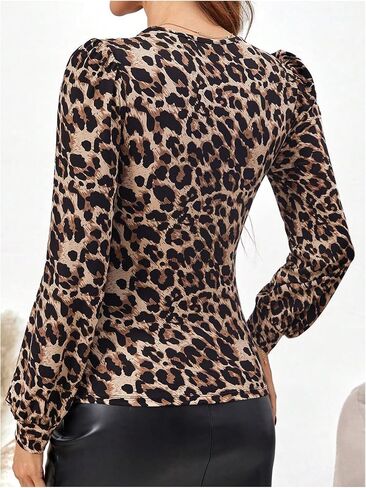 SweatyRocks Women's Long Sleeve Shirt Lace Trim V Neck Slim Fit Leopard Print Top in Saudi Arabia