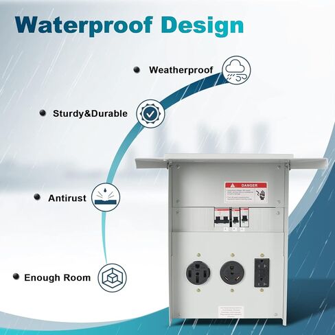 لوحة مخرج طاقة مؤقتة مع لوحة كهربائية لمقبس RV بقدرة 20 50 أمبير، صندوق قواطع سلكي مسبقًا لسيارة التخييم RV، مولد السفر، منزل متنقل، موقع بناء، لوحة كهربائية RV in Kuwait
