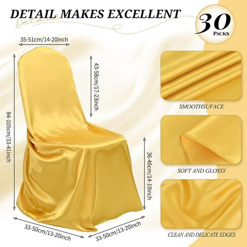 30 Pcs Gold Chair Covers 43x55 inch Universal Chair Covers Satin Chair Covers for Wedding,Removable Washable Chairs Slipcover Fits Most Chairs,Silky Chair Cover Protector for Party Banquet Event Hotel in Saudi Arabia