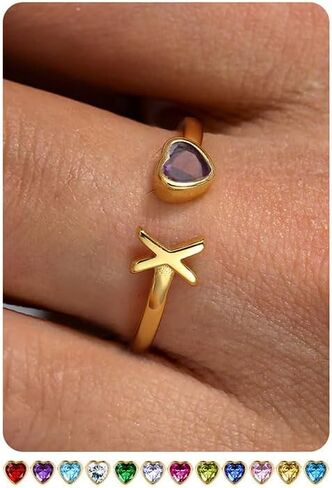 FIBO STEEL Initial Birthstone Rings for Women - 14K Gold Plated Sterling Silver Rings - Adjustable Stackable Dainty Gold Heart Cubic Zirconia Letter Ring Birthday Bridesmaid Gifts Jewelry in Kuwait