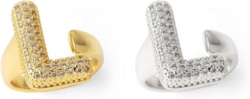 Dcfywl731 2PCS Initial Ring for Women 14K Gold Plated Rhinestone Initial Rings Silver Chunky Ballon Letter Ring Open Adjustable Puffy Initial Ring Personalized Birthday Jewelry Gifts Trendy Stuff in Kuwait