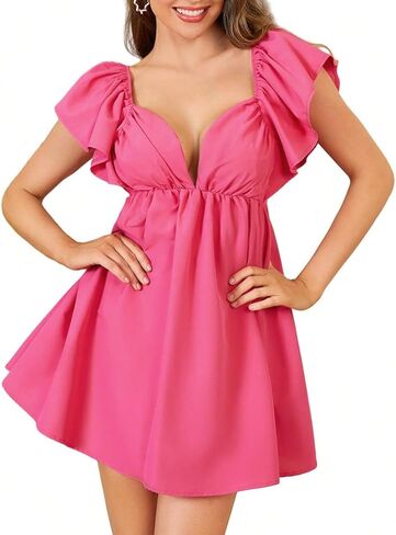 WDIRARA Women's Ruffle Trim Flared Hem High Waisted V Neck Short Sleeve Mini Dress in Saudi Arabia