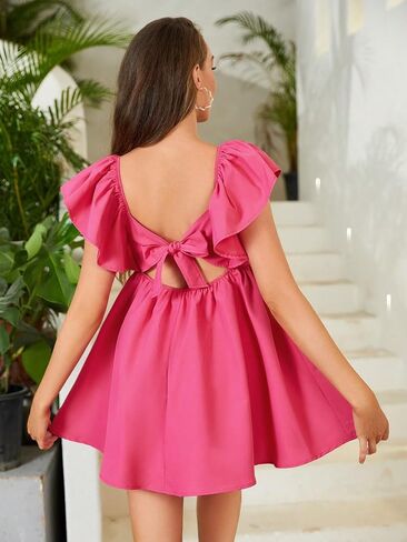 WDIRARA Women's Ruffle Trim Flared Hem High Waisted V Neck Short Sleeve Mini Dress in Saudi Arabia